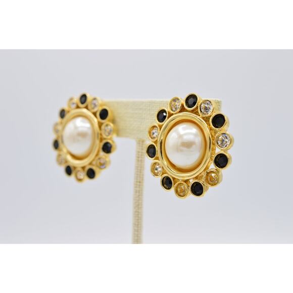 Givenchy Vintage Crystal Clip On Earrings Black Gold Pearl Chunky Signed 80s 9C - Picture 2 of 12